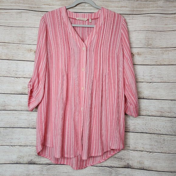 Soft Surroundings Tunic Top Roll Tab Sleeves Striped Pink Heart Buttons Size S - Picture 1 of 10
